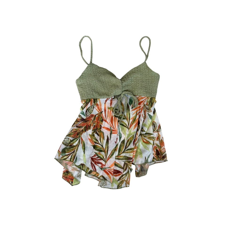 Good Days Project Sage Green Tropical Leaf Mesh Babydoll Camisole Top Small